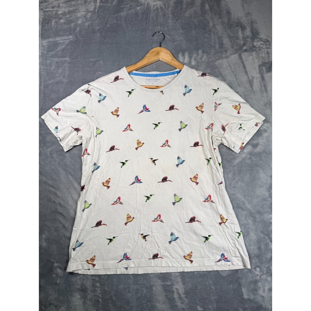 Cactus Man Ricky Singh Shirt Mens Large White Bird Print T-Shirt Short Sleeve